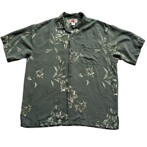 Hilo Hattie Aloha Camp Shirt Mens M Green Floral Hawaiian Button Up 100% Silk